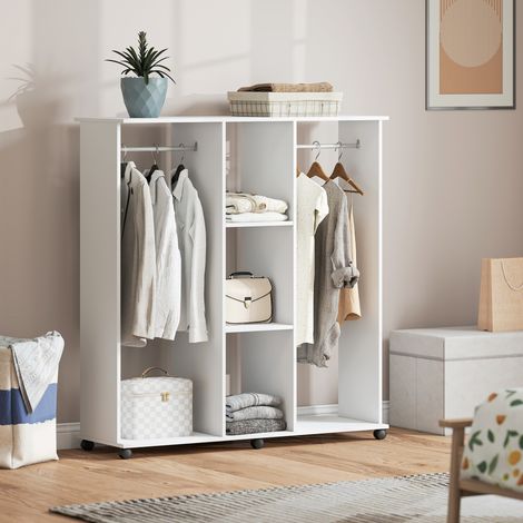 Armoire penderie meuble de rangement mobile 6 roulettes 120 x 40 x 128 cm en bois blanc