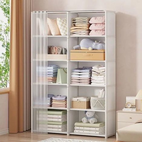 Armadio aperto per camera da letto, guardaroba portatile - Bianco, 6 ripiani, 2 livelli