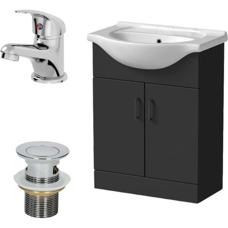 650mm Matt Black Bathroom Vanity Unit Freestanding Essentials Tap & Waste Set (1/5)