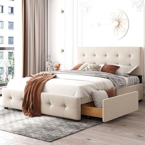 Eifson – Lit double capitonné 140x200 cm avec 4 tiroirs – Sommier à lattes – Tissu velours beige – Style scandinave – Rangement optimisé (1/5)