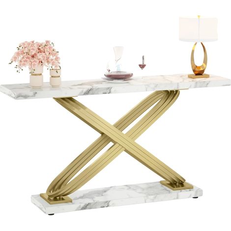 Table Console, Plateau en Marbre Faux, Cadre Métallique Solide, Or (1/2)