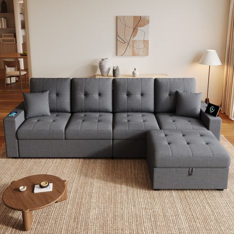 Modulares L-Ecksofa mit Stauraum-Hocker, USB/Type-C-Anschlüssen und LED, Grau (1/5)