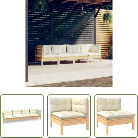 Terrassensofa - 4-tlg. Garten-Lounge-Set mit Creme Kissen Massivholz Kiefer (1/5)