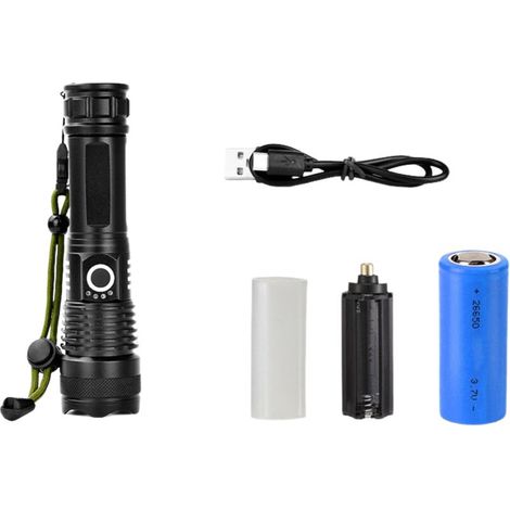 Torcia elettrica XHP70 con luce rossa e bianca, zoom ad alta luminosità, caricabatterie. Il portalampada può essere utilizzato come martello per finestre. (1/4)