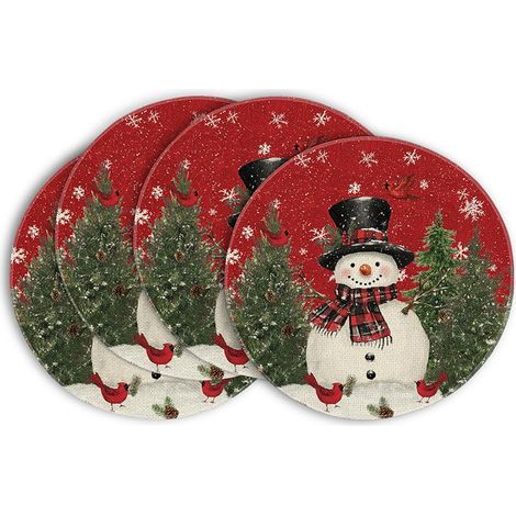 Sets de table ronds de Noël avec motif bonhomme de neige et flocons de neige, en vinyle, pour la cuisine et la salle à manger - 37 x 37 cm (vinyle), lot de 4 - 23