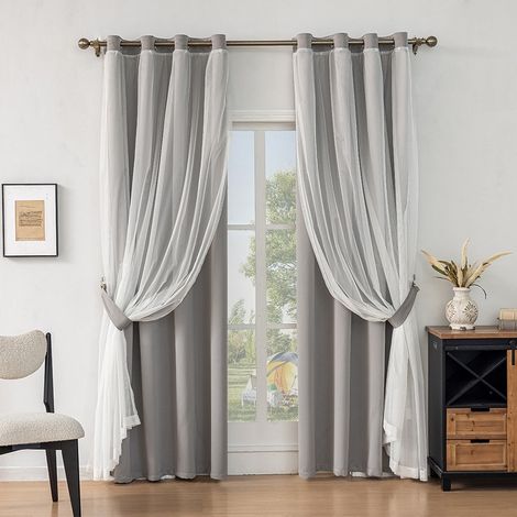 Rideaux de fenêtre occultants 2-en-1 – voile + rideau épais – lot de 2 – tissu haute densité pour obscurité maximale （Gris clair-140×220cm)