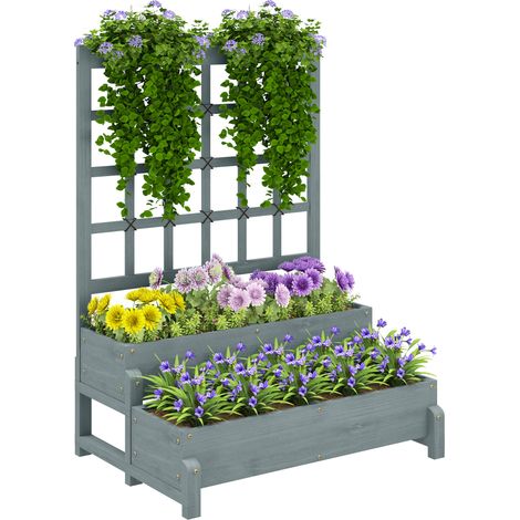 2-Tier Raised Garden Bed Trellis, Wooden Elevated Planter Box Drainage Holes, Outdoor Raised Planter for Climbing Plants, Fruits, Vegetables, Flowers, Grey (1/5)
