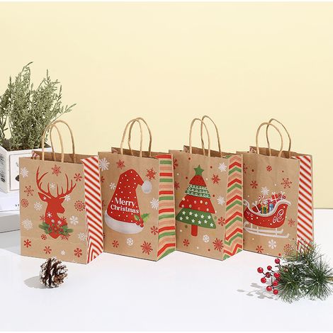4-Piece Kraft Paper Christmas Gift Bag Set, Elk, Christmas Bag, Paper Gift Bag, Advent Calendar Bag, Refillable Packaging, Novel, Annual Party, Candy, Chocolate Cookies, 21 × 15 × 8 cm (1/4)