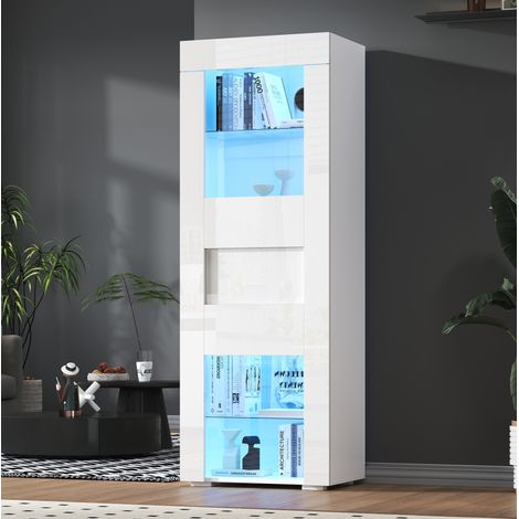 Vitrine blanche 60x40x170 cm avec LED, 1 porte et étagères en verre réglables, pour salon et bureau (1/5)