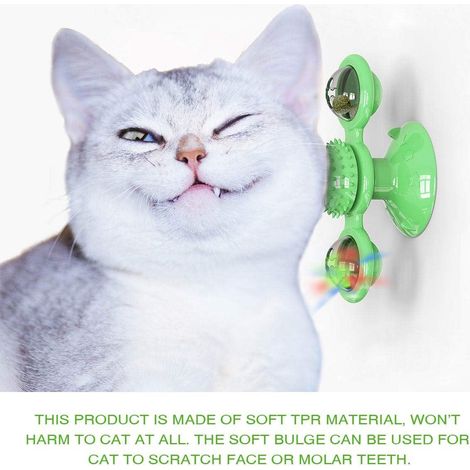 Jouet interactif pour chat en forme de moulin à vent, comprenant une balle lumineuse LED, de l'herbe à chat, une ventouse et un jouet d'exercice, vert (1/5)