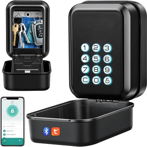 Boite a Clefs Securisee Exterieur Boîte à Clés Connectée Bluetooth Intelligente Boite a Cle Murale Coffre Fort Étanche Contrôle Via l'Application avec Code Rétroéclairé (Noir) (1/5)