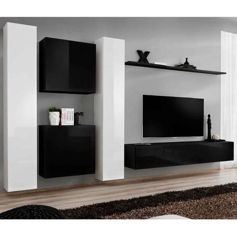 Meuble TV Mural Design "Switch VI" 330cm Blanc & Noir (1/4)