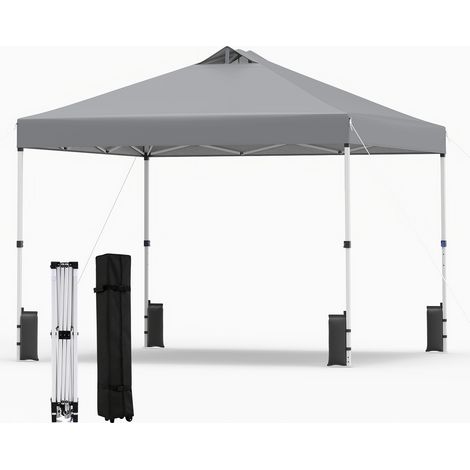 Pavillon pliable pop-up 3 x 3 m gris, structure à 3 hauteurs réglables, toile Oxford anti-soleil, livré avec sac à roulettes, sacs de sable, piquets et cordages pour jardin, fêtes et extérieur (1/5)