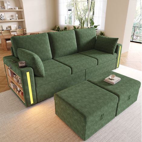 Divano modulare a U e L 190x130x85 cm, con 2 pouf contenitore, luci LED, USB e Type-C, corduroy verde (1/5)