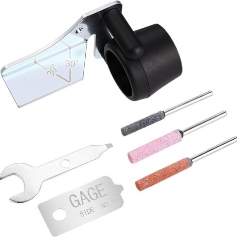 Kit d'affûtage de tronçonneuse en 6 pièces — Ensemble d'accessoires pour outil rotatif comprenant un guide d'angle d'affûtage et des meules. (1/2)