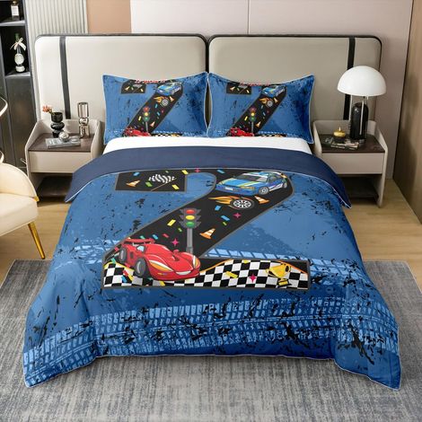Coton Housse de Couette 200x200 Enfant Voiture de Course,Parure de Lit Aquarelle Numéro 2 Voitures de Course,Sets de Housses de Couettes Sports Extrêmes,Couvre Lit Piste Grille Plaid Décor (1/5)