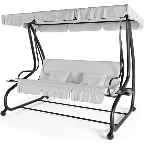 Dondolo 3 Posti Reclinabile Madeira Tettuccio Parasole Regolabile Cuscini Imbottiti Diventa Letto Struttura Robusta In Acciaio Verniciato Giardino Esterno Balcone Terrazzo 200 x 120 x 160 cm Beige - C