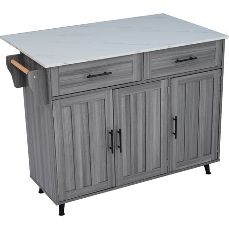 Chariot de cuisine avec table pliante, rangement, roulettes et poignées en bois, 129x71x91,5 cm, blanc et gris kaki (1/5)