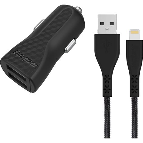 Energizer HardCase – 2x USB-A 17W 3,4A Autoladegerät + MFi-zertifiziertes Lightning-Kabel (Schwarz) (1/5)
