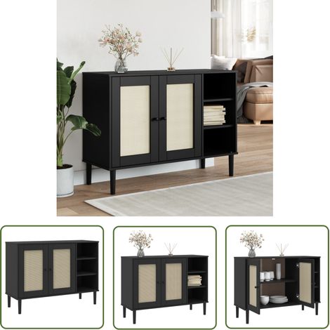 The Living Store Sideboard SENJA Rattan-Optik Schwarz 112x40x80 cm Kiefernholz - Schreibtisch - Wohnzimmermöbel - Sideboard - Regal - Holz Sideboard (1/5)