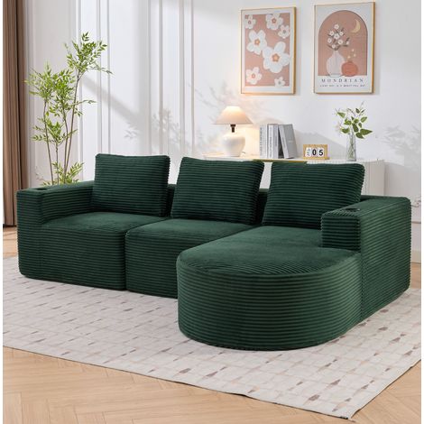 Canapé double 265x176x60 cm vert rétro en polyester avec 3 coussins et porte-gobelets (1/5)