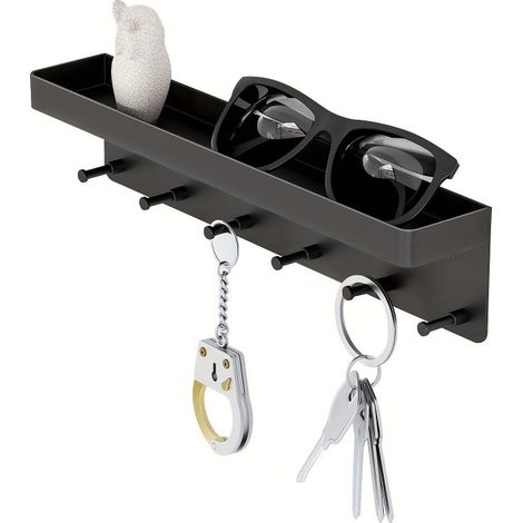Porte-clés Porte-clés Porte-clés Porte-clés avec étagère et 6 crochets Porte-clés noir moderne pour montage mural sans perçage, idéal pour entrée, couloir, cuisine
