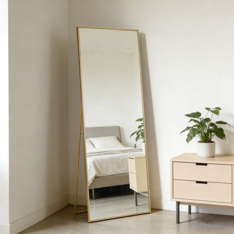 Miroir sur pied, 150x40cm, Rectangulaire, Miroir pleine longueur, verre trempé, miroir mural, pour Salon, Entrée, Doré