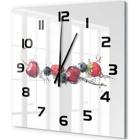 Grande Horloge Murale Carrée Originale Verre Trempé Décoration Maison Moderne Fruits des bois 60x60 cm (1/5)