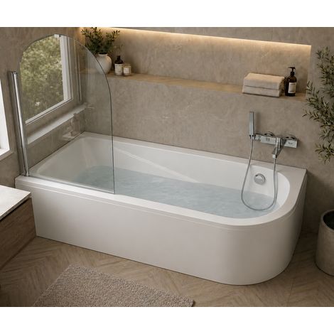 Baignoire d'angle asymétrique gauche 160 x 75 cm - blanc - sans tablier, pieds, vidage chrome, pare - baignoire - OASIS (1/5)