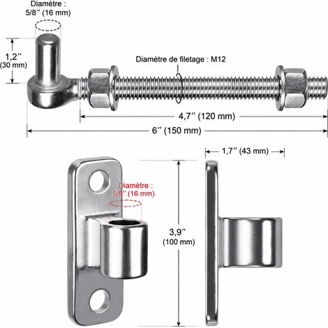 Charnière de portail à boulon en J M12 6 pouces avec base en acier inoxydable 304 m12-6 150 réf 9054 26 × 8 × 4 cm 450 g – Livraison gratuite