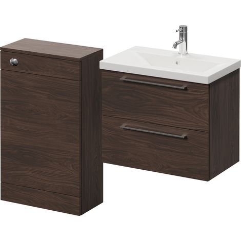 Napoli 390 Brown Oak 1100mm Wall Mounted 2 Drawer Vanity Unit and Toilet Suite with Glide Basin - 1100mm - Chrome 320mm HandleWithout Kingston Toilet Pan