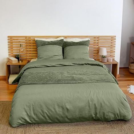 Parure de lit - CÔTÉ DÉCO - 220x240 cm - Velours côtelé - 2 Taies 63x63 cm - Vert