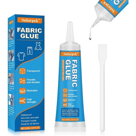 Colle Textile, 60 Ml Colle Tissu Extra Forte pour Tous Les Tissus, Coton, Flanelle, Denim, Polyester, Réparation de Poupées, Séchage en 24 Heures et Imperméable (1/5)