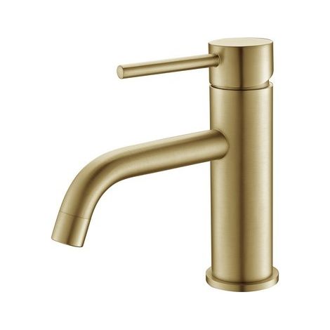 Rue Du Bain – Robinet mitigeur lavabo doré brossé – Corps et poignée laiton – Hauteur 16,36 cm – Hauteur sous bec 5,7 cm – Cartouche céramique G9/16 (1/2)