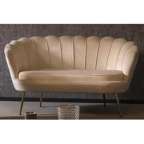 Canapé Coquillage Design en Velours Beige et Pieds en Métal Doré, Largeur 105 cm - PANGIVO (1/5)