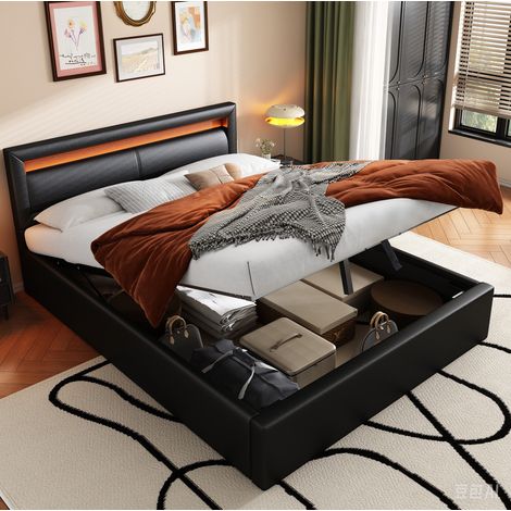 letto contenitore matrimoniale 140x190 LED luce nero OKMYHOME (1/5)