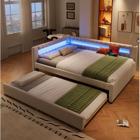 Lit banquette moderne en lin beige 140x200 cm avec lit gigogne 90x190, LED, USB et Type-C (1/5)