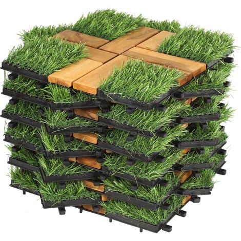 TolleTour Set di 44 piastrelle in legno per terrazze con erba sintetica 4 m², 30 x 30 cm, piastrelle a incastro