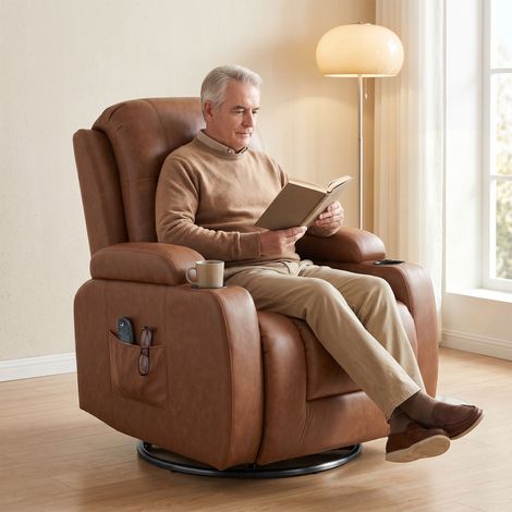 Fauteuil de massage chauffant, fauteuil à bascule pivotant avec repose-pieds, marron clair (1/5)