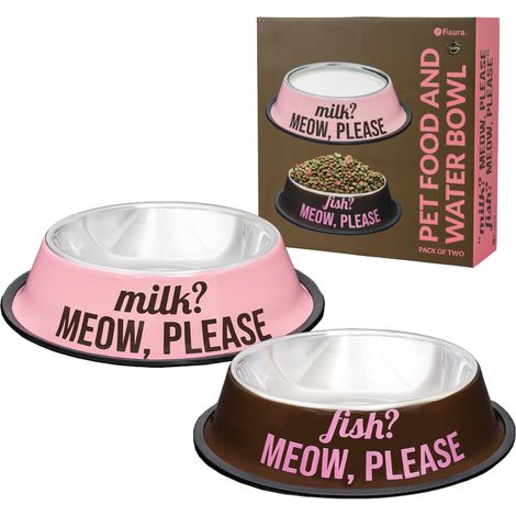 2 gamelles chat en acier inoxydable meow please. Gamelle antidérapante marron et rose pour chat. Gamelle chat nourriture 500 ml et gamelle eau 1000 ml (1/5)