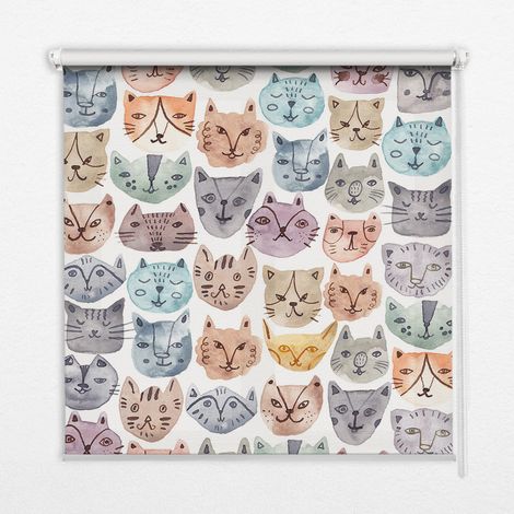 Innenrollo Fensterrollo - Rollo ohne Bohren - Sichtschutzrollo - Lichtdurchlässiges Rollo - Rechteckiges - Rollo - (130 cm x 140 cm) - Bunte Katzengesichter (1/5)