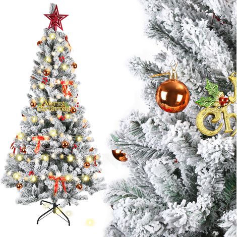 Sapin de Noël Neige 210cm avec 950 Branches - Déjà Décoré de Boules et Ornements Dorés  Flocage Blanc Naturel pour un Intérieur Festif Élégant  Installation Express (1/5)