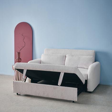 Canapé convertible arrondi 2 places velours côtelé L 168 x P 90 x H 88cm - Lino  Velours côtelé Blanc