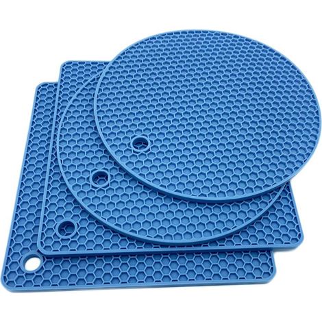 Srvillg Lot 4 dessous-de-plat en silicone bleu (2 ronds 2 carrés), alimentaire, antidérapant, pliable, résistant chaleur