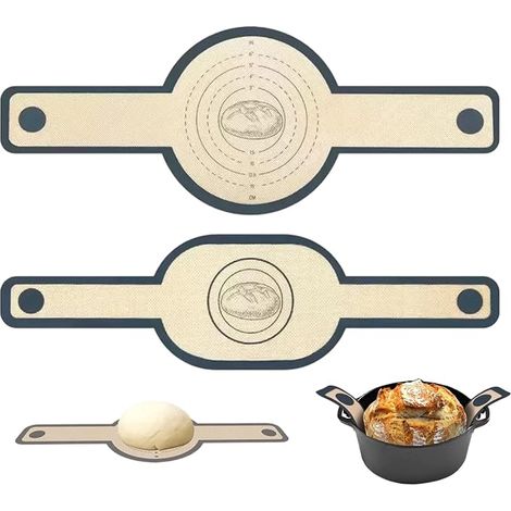 2 Pieces Silicone Baking Mat, Bread Sling, Baking Mat with Long Handles, Washable and Reusable Oval and Round Non-Stick Silicone Ideal for Making Sourdough Bread (1/5)