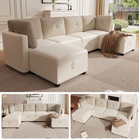 Canapé modulaire en U 6 pièces avec rangements – Canapé d'angle multifonction pour salon, convertible en canapé en L, lit de repos ou fauteuils individuels, design bicolore en velours et velours côtel