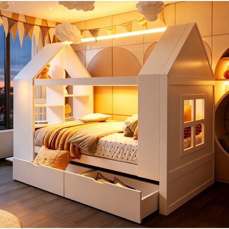 Cama infantil casa 90 x 200 cm blanca con 2 cajones, LED y almacenamiento, OKWISH (1/5)