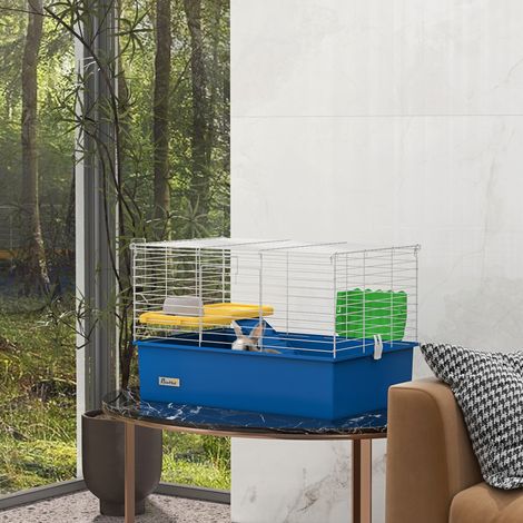 Enclos pour petits animaux (lapins, chinchillas, cochons d'Inde) avec plateau et rampe, 71 x 46 x 47 cm, bleu (1/5)