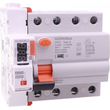 A2ZWORLD RCCB Interruttore Differenziale Puro Connesso WiFi Con Riarmo Automatico Tipo B 3P+N 5M 10000A 63A AC 400V IP20 IEC61008-1 / IEC62423 GYL9, Disponibili 30mA 300mA (30mA/0.03A)