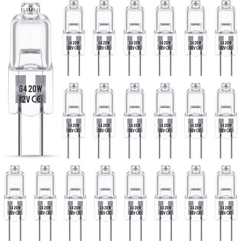 Ampoule Halogene G4 12V 20W, Ampoule G4, Ampoule Halogène Dimmable G4, 2800K blanc chaud，Pas de Scintillement, Base G4 BI-pin Capsule Transparente pour Lustres en Cristal, 20 Pièces